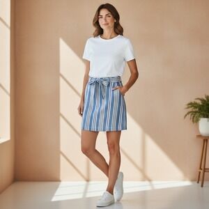 Tommy Hilfiger Linen Mini Skirt Blue White Stripe Coastal Preppy Nautical Size 8